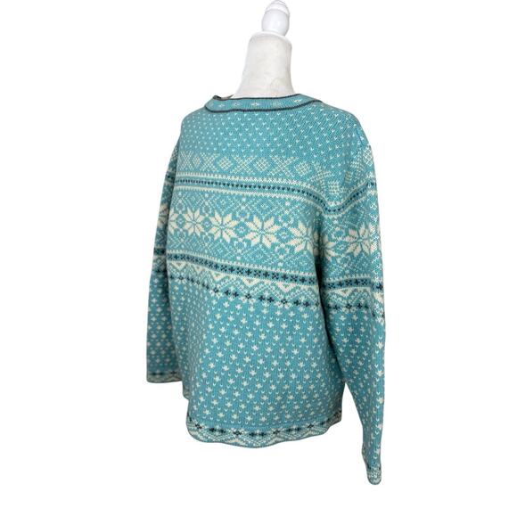 LL Bean Sweater Womens 1X Teal Nordic Lambs Wool Fair Isle Snow Flake Cardigan - Picture 5 of 11